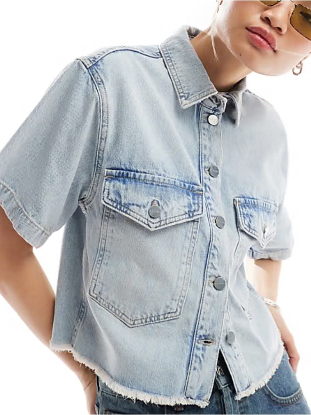AllSaints Tove Cropped Denim Shirt Jacket - Light Indigo (Size M)